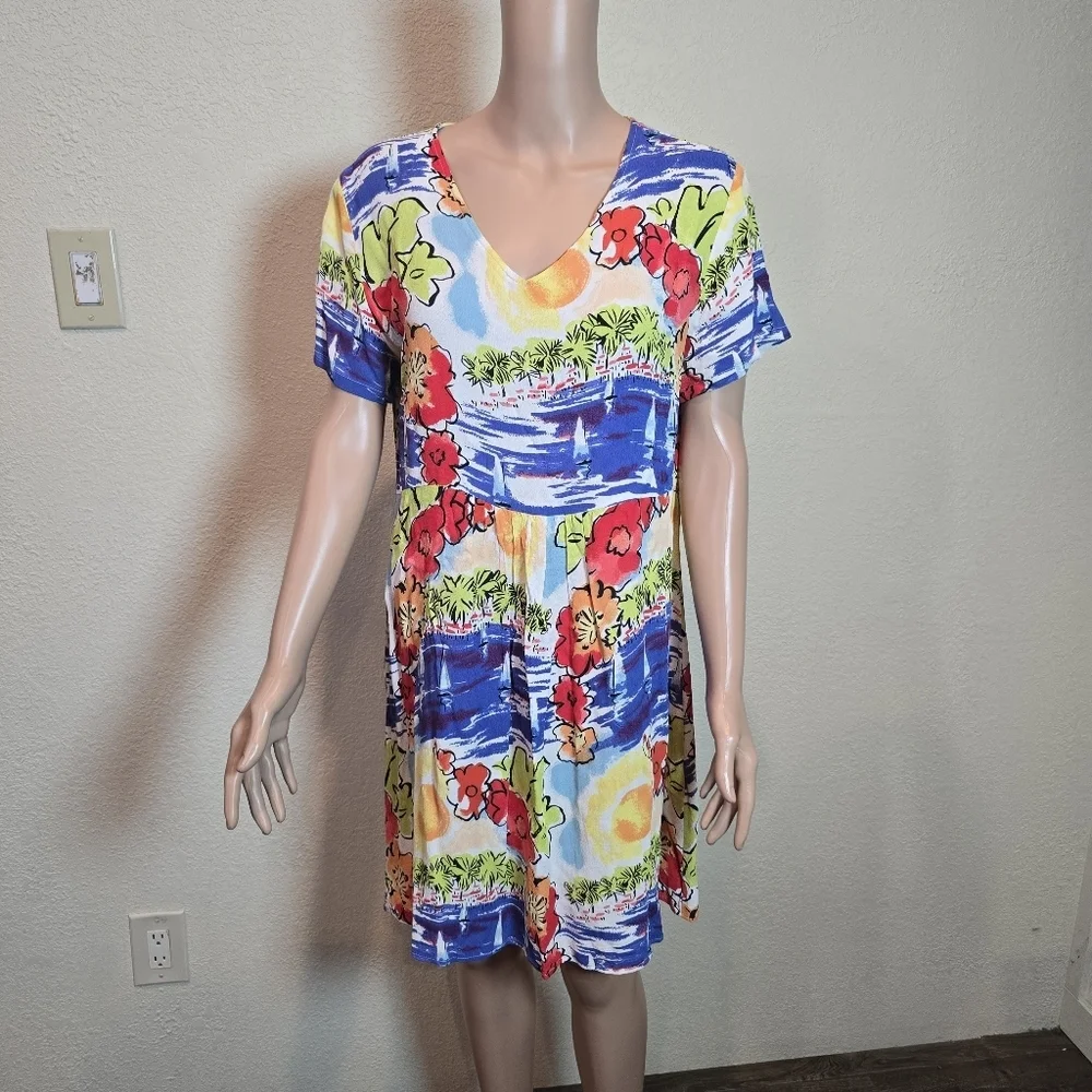 Loco Lindo Vintage Tropical Print Floral  Dress Size Large Short Sleeve Made Usa